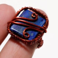 Lapis Lazuli Gemstone Copper Ring Handcrafted Wire Wrap Antique Jewelry 7.75" m3