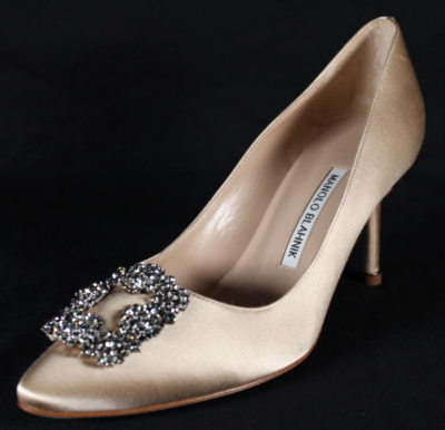 MANOLO BLAHNIK Champagne Beige Satin Crystal Buckle