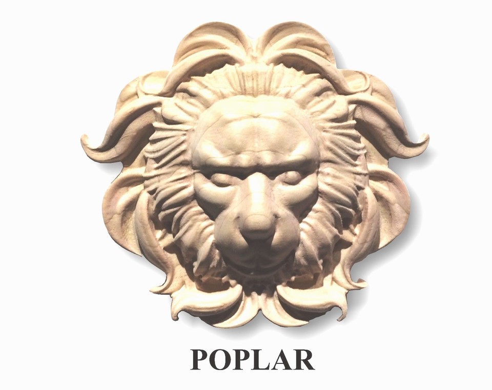 Lion Head Rectangular Rosette Applique – Unfinished Maple, Cherry, Oak, Mahogany – Architectural Woodwork LH600