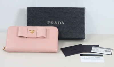 Prada Saffiano Fiocco Ribbon Zip Around Long Wallet Orchidea Pink + Box and Cert