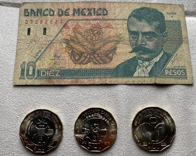 1996 Mexico banknote 10 Peso. Mexican ZAPATA USED & coins 20