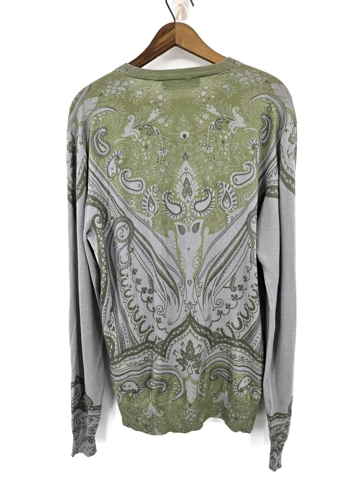 Suéter Pullover Etro Gris Verde Paisley Para Hombre L Cuello en V Lana Seda Cachemira Foto 2 de 4