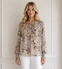 Womens Floral Jacquard Smocked Tie Neck Top Size Small Romantic Coquette
