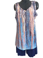 Women's 2-Piece Multicolor Shorts Set Sleeveless Top Size L Cute Outfit 