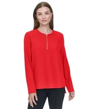 Halston Women's Zip-Front Hi-Low Side-Slit Blouse - Red - M