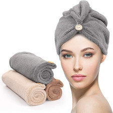 3 Pack Hair Drying Towels, Hair Towel with Button, Super Absorbent Microfiber Ha
