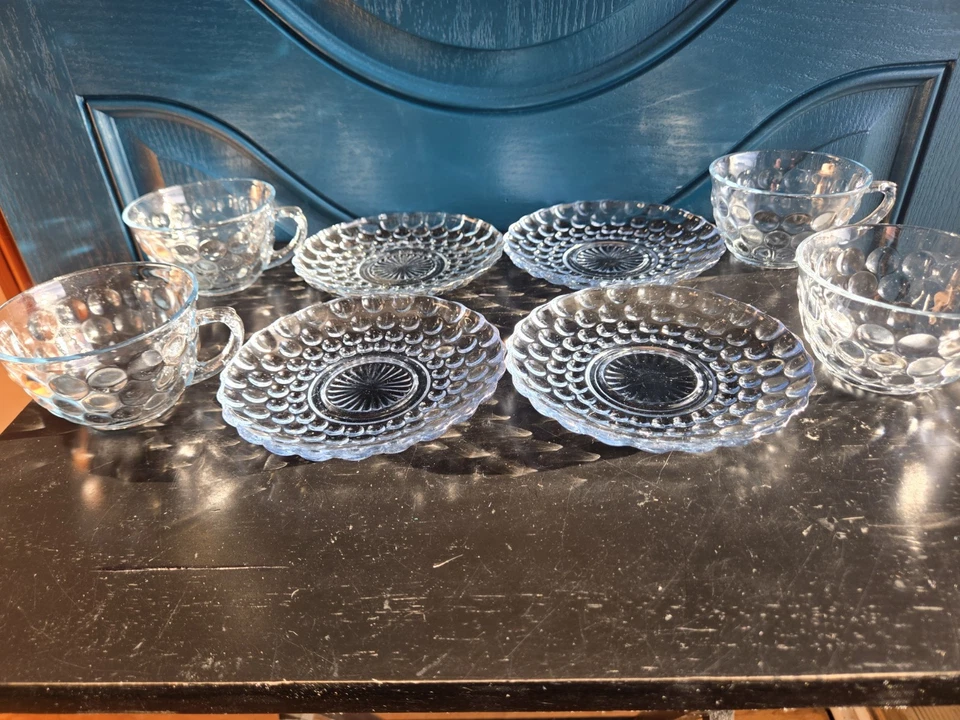 Vintage MCM Ice Blue Bubble Glass 8 Piece Set 8/4 Cups+ 4 Saucers Anchor Hocking - image 4 of 4