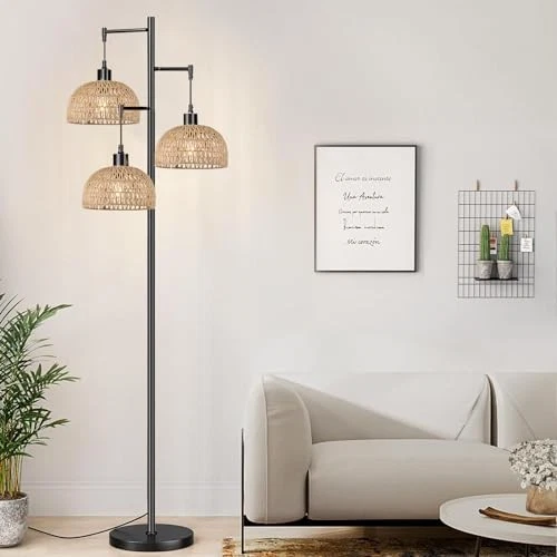 Lámpara de pie para sala de estar, dormitorio, 3 luces lámpara de pie de ratán boho-4 Foto 3 de 4