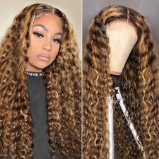Human Hair Lace Front Wig Deep Wave 4/27 Ombre Honey Blonde 180 Density 24in