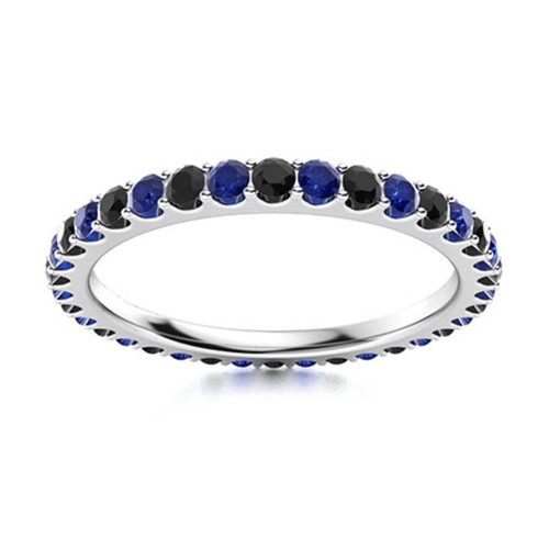 2MM Round Blue Sapphire & Black Spinel 925 Sterling Silver Full Eternity Ring