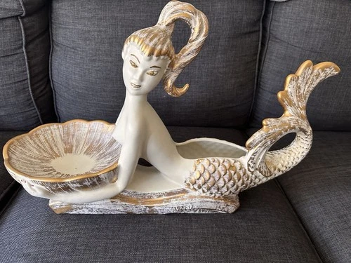 Mid Century Modern Large Royal Haeger 505 Gold Tweed Mermaid Centerpiece Planter