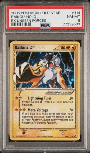 Pokemon Raikou Gold Star Holo Unseen Forces 114/115 PSA 8