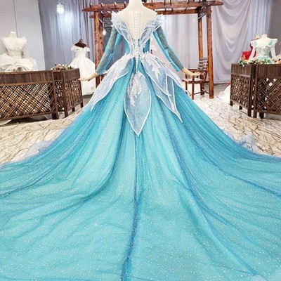 Blue Princess Sparkle Wedding Dresses Long Sleeve Off Shoulder Lace-Up Back  | eBay