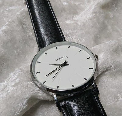 Mens White Face Geneva Analog Numberless Black Leather Watch 