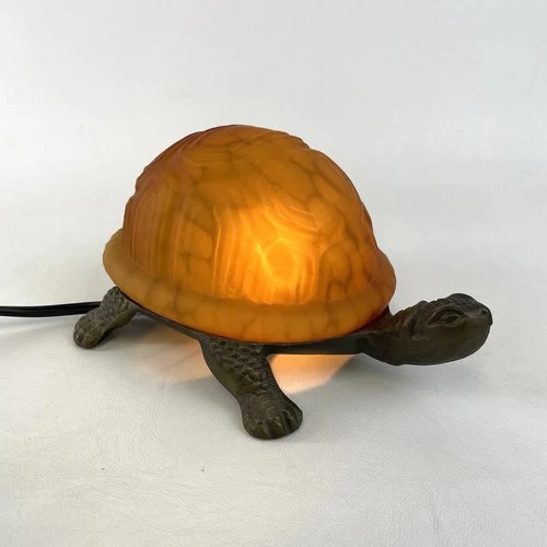 Vintage 8" Turtle Lamp Amber Tiffany Style Glass Brass Base Tortoise Night Light