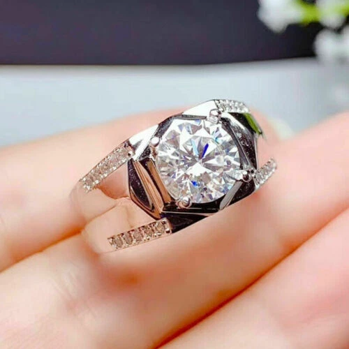 Anillo de compromiso único de diamantes de corte redondo de 2,0 quilates de plata de ley para hombre Foto 3 de 4