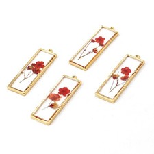 4PCS Gold Tone Real Dry Flower Resin Rectangle Charm Pendant Supply GBY416
