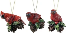 SET OF 3 HAND PAINTED 4" RESIN CARDINAL ON HOLLY BERRIES & PINE CONES ORNAMENTS