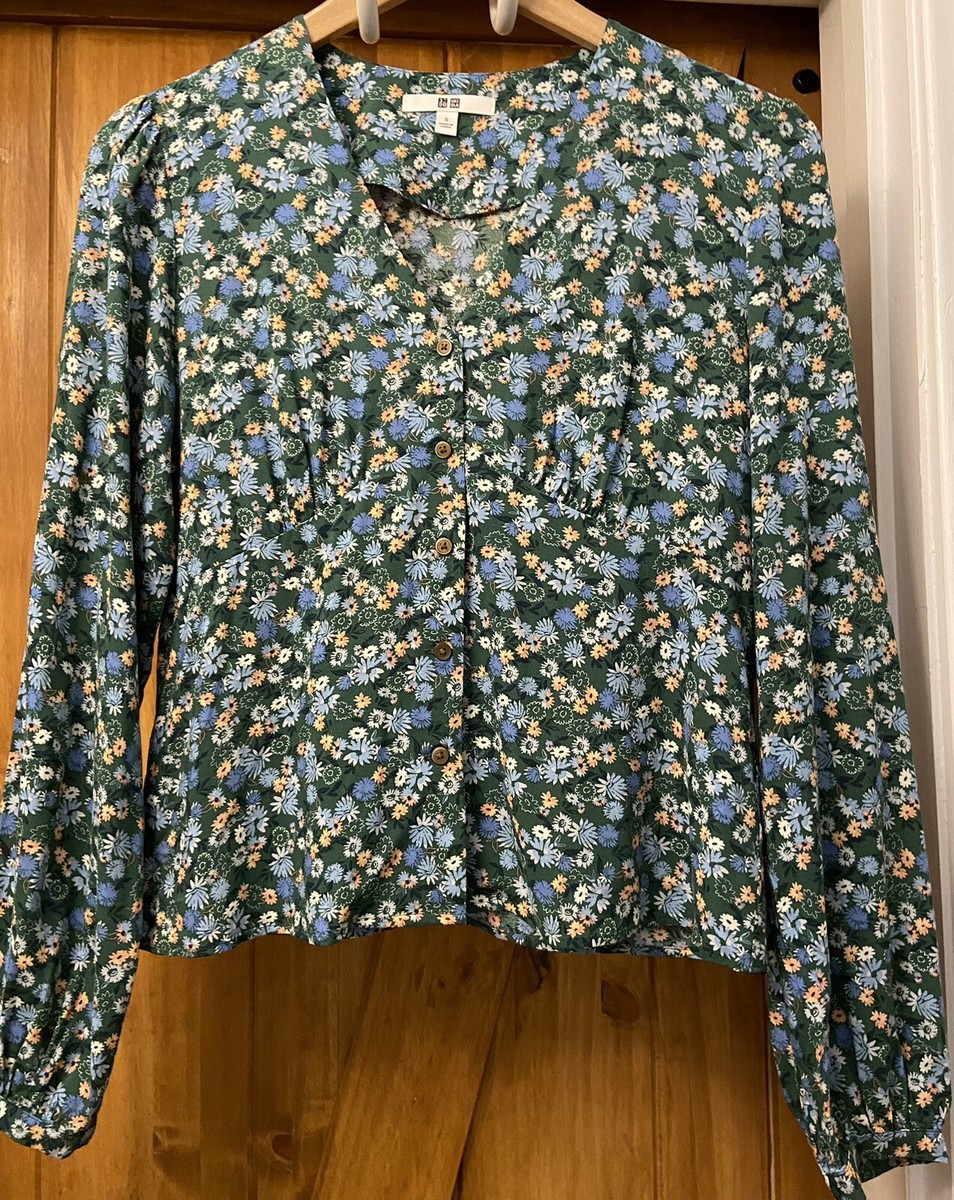 UNIQLO Printed V-Neck Long-Sleeve Blouse Small new with tag green
