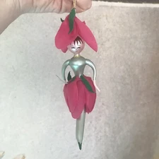 Vintage De Carlini Blown Glass Dark Pink Flower Fairy Ornament - Italy, 1992