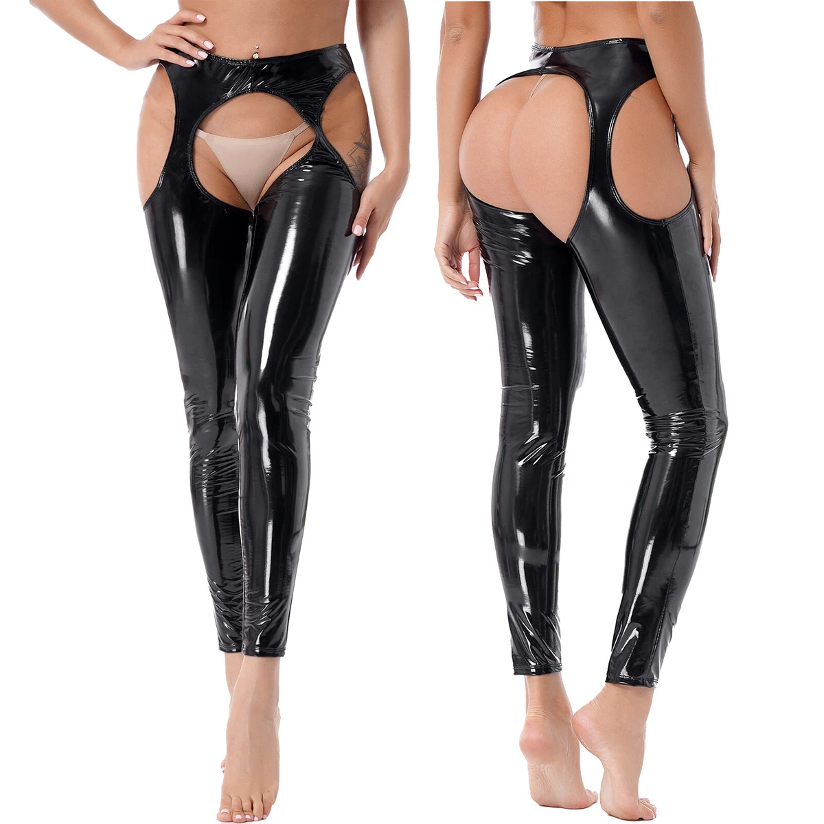 Women Lingerie Wet Look Shiny Leather Open Crotch Butt Long Pants Skinny  Trouser