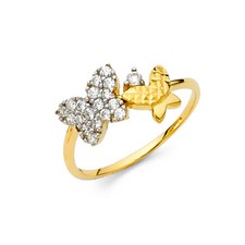 Women 14k Yellow Gold CZ Double Butterfly Diamond Cut Fancy Fashion Ring Band