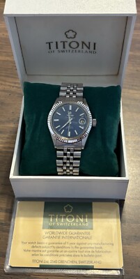 Titoni Cosmo King Navy Dial Date Fluted Bezel NOS 707-360 MINT