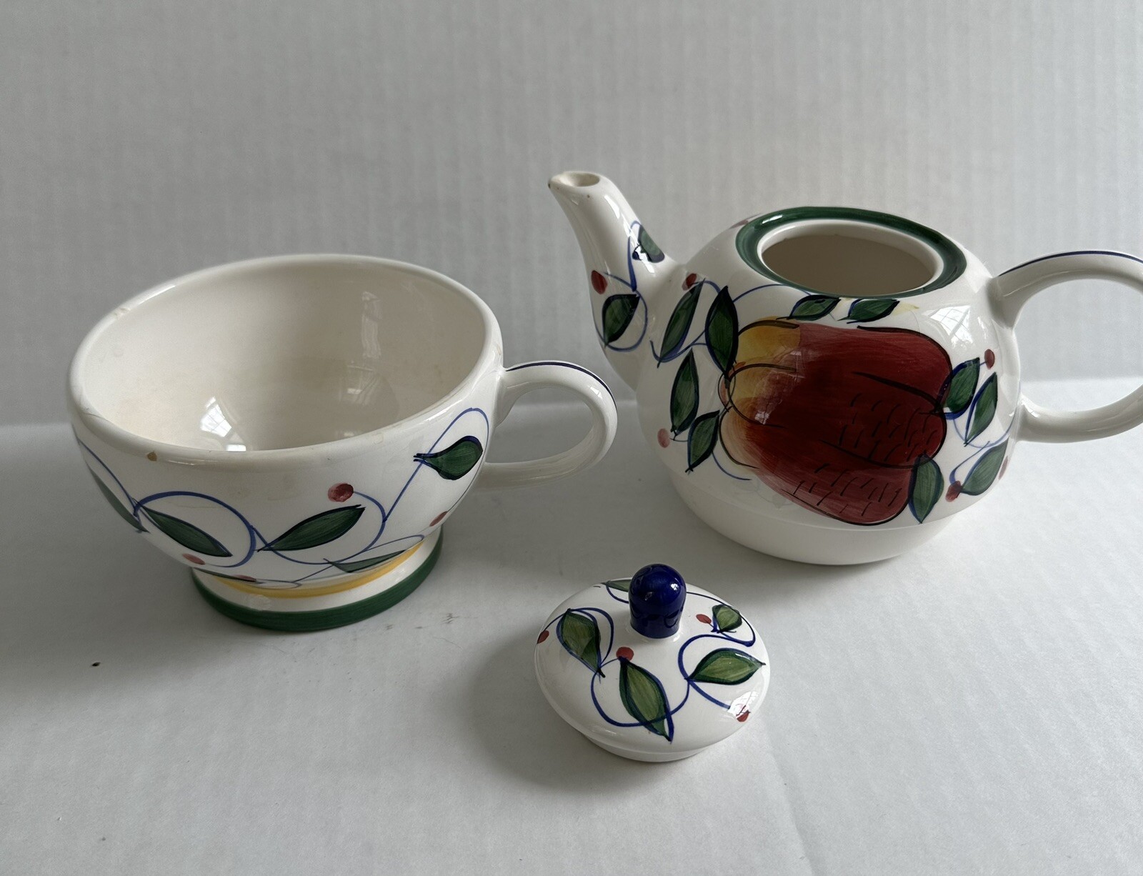 Zrike Teapot and Cup Set 3pc Hand Painted Fruits, Leaves