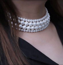 Faux Pearl 4 Layer Multi Strand Statement Bib Choker Beaded Chunky Big Necklace