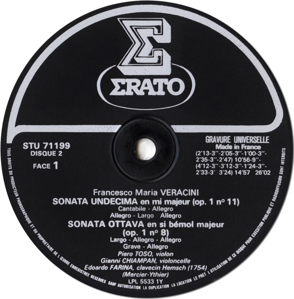 VERACINI 8 Sonatas f. Violin & Continuo TOSO FARINA CHIAMPAN Erato STU-71197 2LP Foto 3 de 3