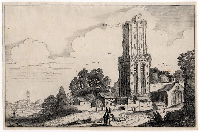 Antiker Meisterdruck-LANDSCHAFT-TURM-MÖNCHE-Jan van de Velde-1616