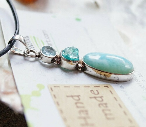 Groß Kettenanhänger Multistone Schlicht Design Silber Larimar Apatit Topas Blau - Bild 5 von 7