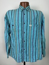 Vintage 80s Striped Shirt Men M Button Up Surf Skate Beach Distressed Blue PCH