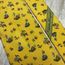 Salvatore Ferragamo Yellow Silk Neck Tie Flowers Lady Bugs Butterflies Frogs