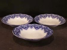 (3) 19 c RARE "Prussia" Pattern Flow Blue & White Ironstone Flat Rim Soup Bowls
