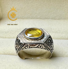 Natural Yellow Sapphire Artisan Hand-Engraved Sterling Silver 925 Ring Fr Gift
