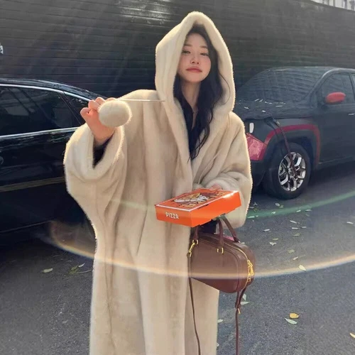 OFF WHITE Giacca pelliccia visone donna invernale spessa calda con cappuccio spessa lunga imitazione