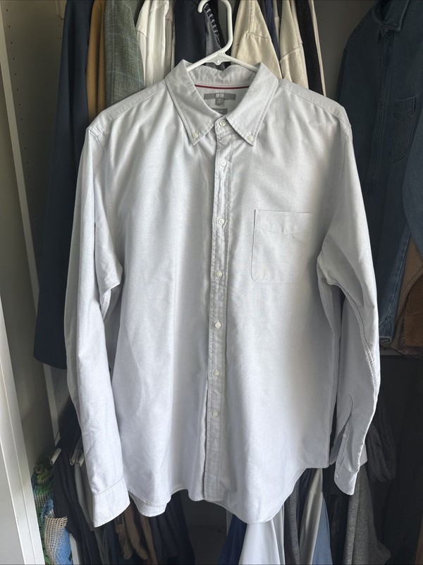 Uniqlo Mens Button Up Shirt XL Gray Long Sleeve Slim Fit Cotton Office Casual