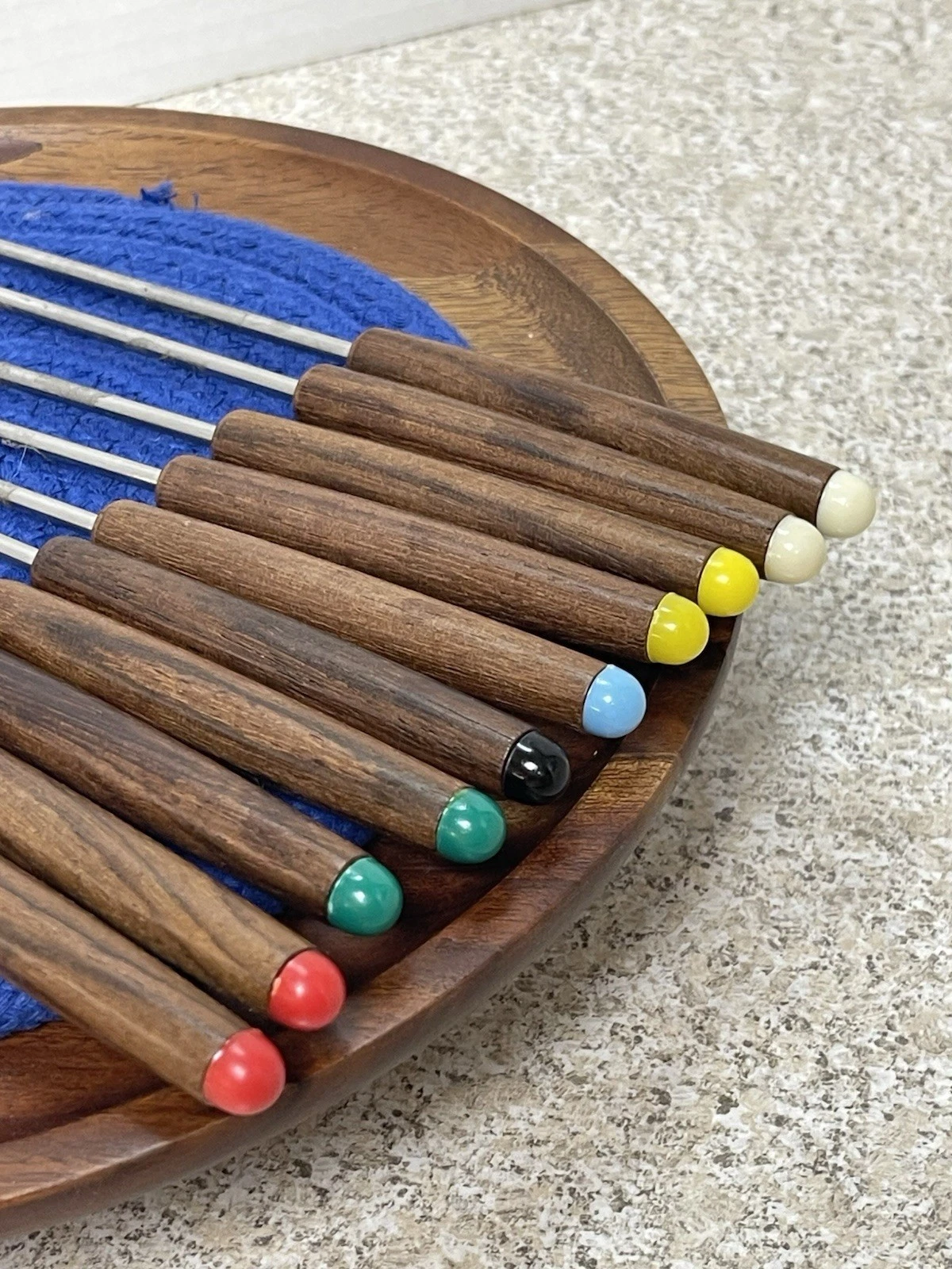 Set -10 VTG MCM Japan Stainless Steel & Teak Wood Fondue Forks Color Coded Ends