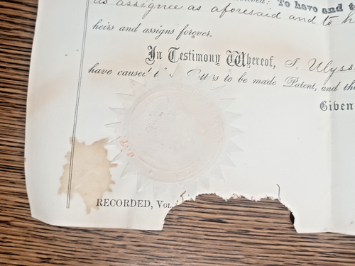 PRESIDENT ULYSSES S GRANT LAND GRANT with Secretarial Signature & Seal  5/1/1869 - Afbeelding 3 van 5