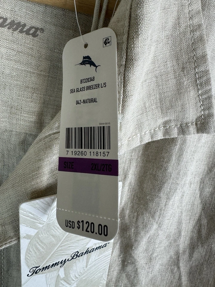 Tommy Bahama Shirt Mens 2XL Sea Glass Breezer Linen Button Up CasualNatural Tan - Image 2 of 4