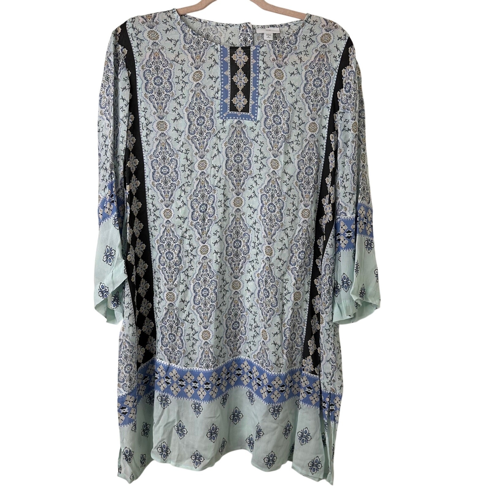 Floral Blue Rayon Boho Tunic Top Semi-Sheer Cottagecore Coastal Style