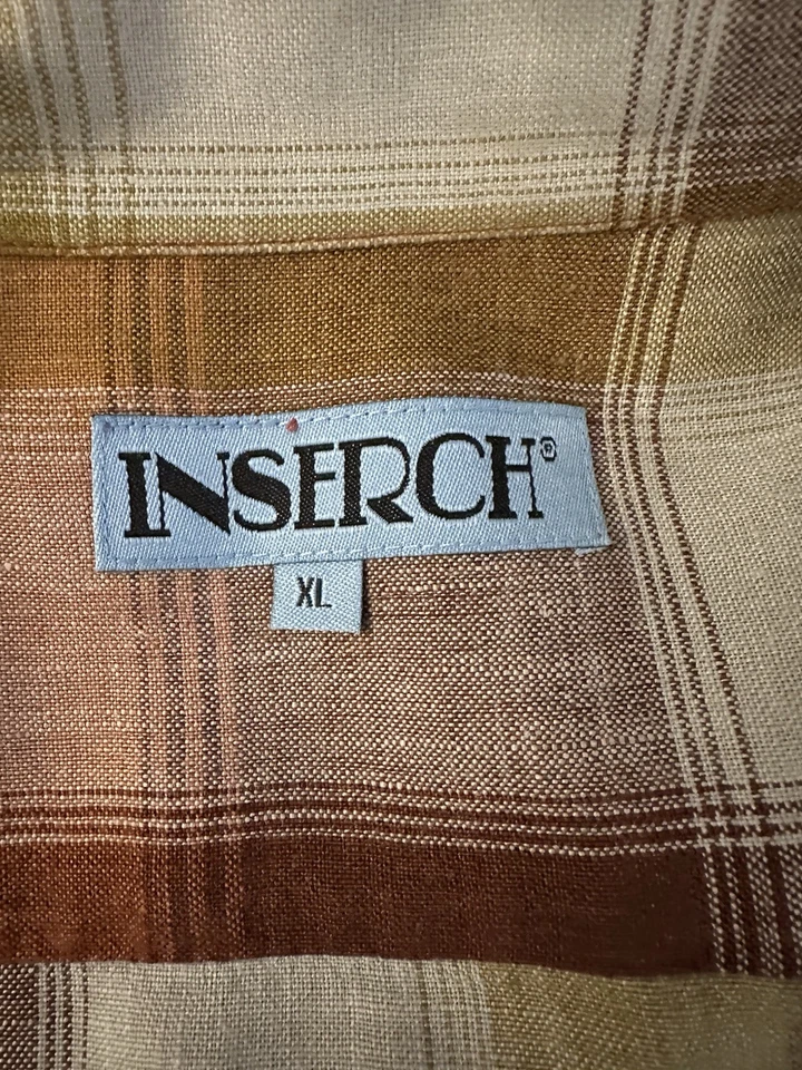 Linen Shirt Men XL Brown Check Short Sleeve Collared Button Up Inserch - Image 2 of 4