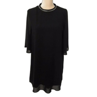 Zara Basic Black Chiffon Dress Size M Silver Neckline Elegant Knee Length LBD