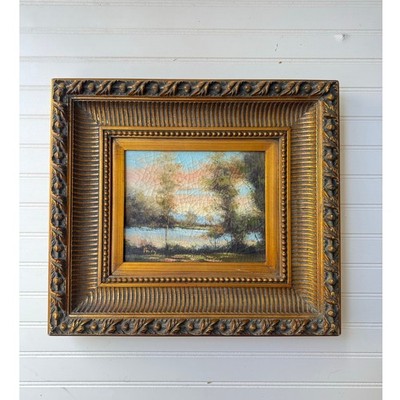 Vintage Framed Landscape Painting | Ornate Gold Crackle Frame | Aged Patina