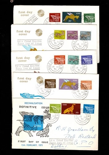 Ireland - Stamp cover  1971, FDC, Definitives 5 covers