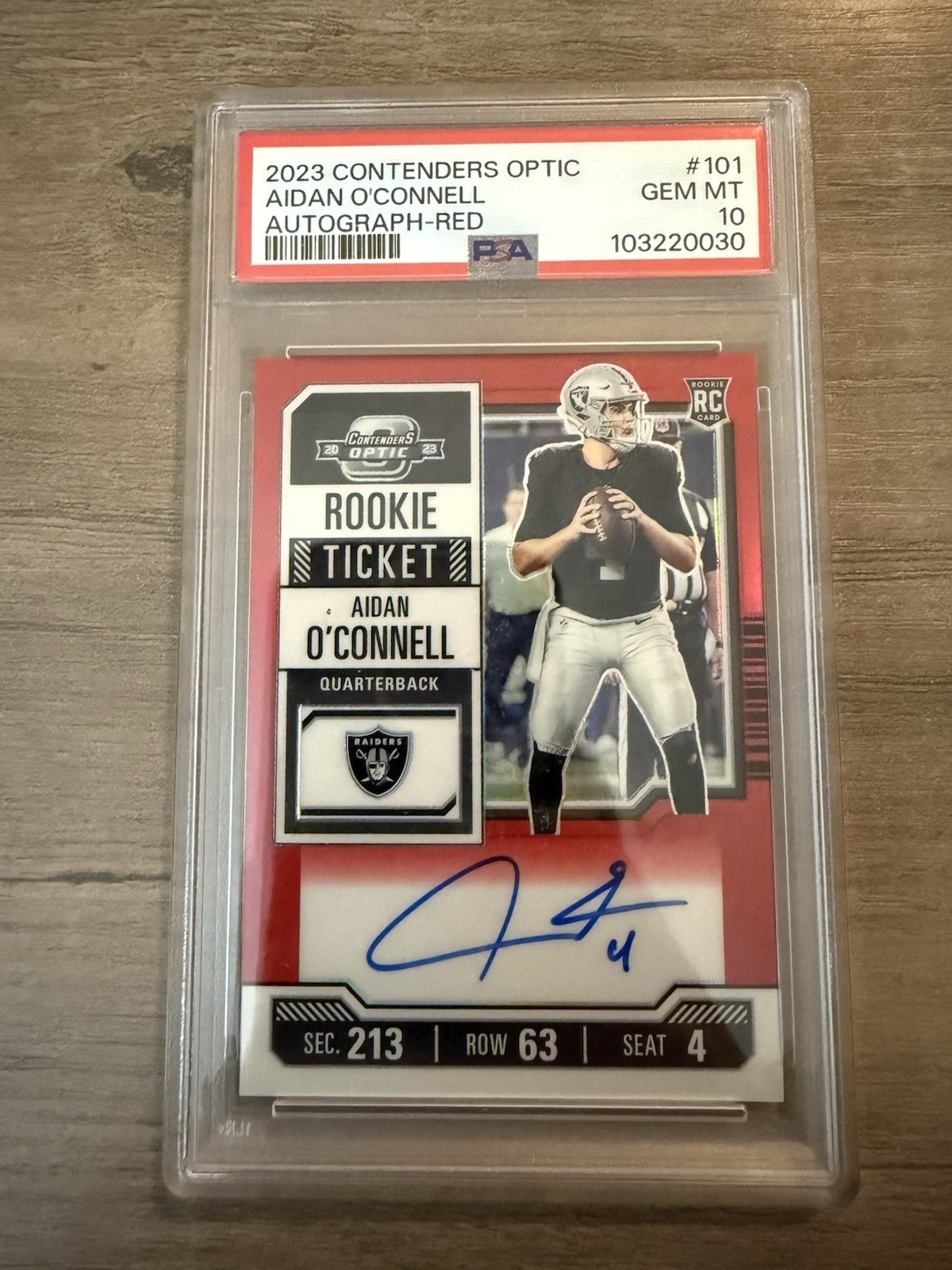 2023 Contenders Optic - Rookie Ticket Auto Aidan O'Connell Red Prizm /125 PSA 10