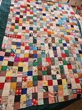 Patchwork Quilt Blanket Homemade 80" X 90" Square Scrap Block Handmade