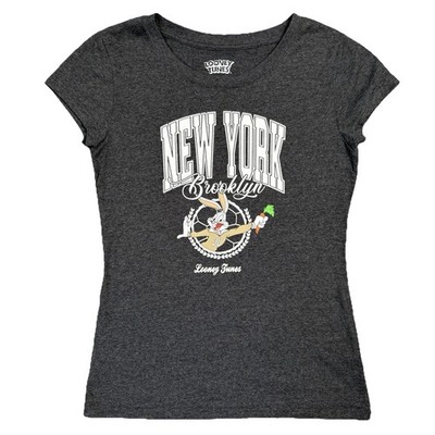 Looney Tunes Bugs Bunny New York Brooklyn Graphic T Shirt Women Medium Gray