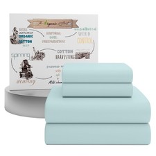 4 Pcs 100 Organic Cotton Full Size Sheets Set, Pale Aqua, 300 Thread Count, Per